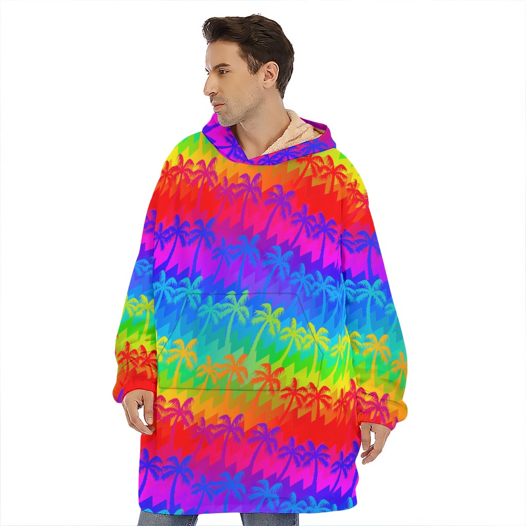 Rainbow Palm Tree Pattern Print Hoodie Blanket