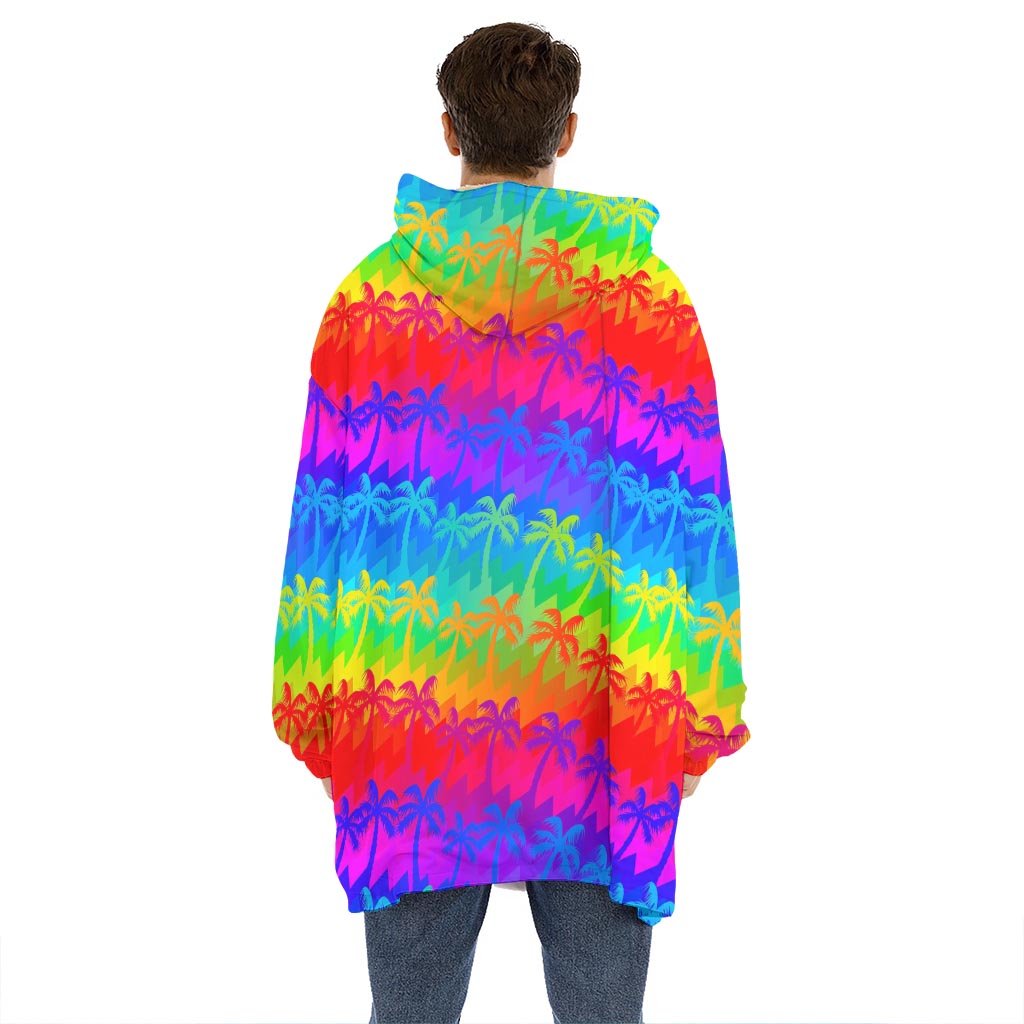 Rainbow Palm Tree Pattern Print Hoodie Blanket