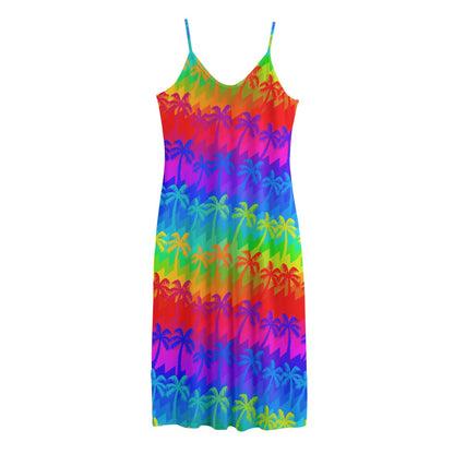 Rainbow Palm Tree Pattern Print Jersey Midi Cami Dress