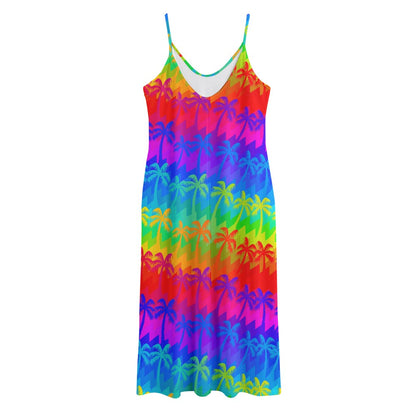 Rainbow Palm Tree Pattern Print Jersey Midi Cami Dress