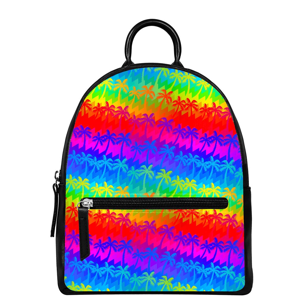 Rainbow Palm Tree Pattern Print Leather Backpack