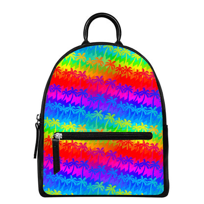 Rainbow Palm Tree Pattern Print Leather Backpack