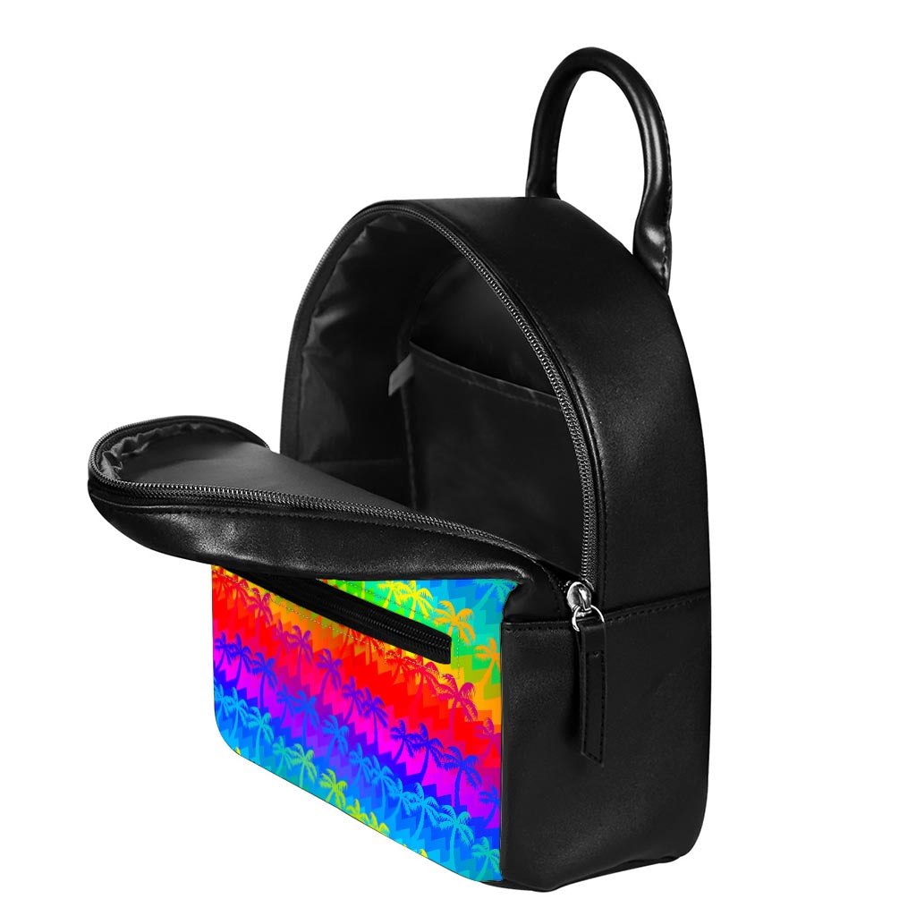Rainbow Palm Tree Pattern Print Leather Backpack
