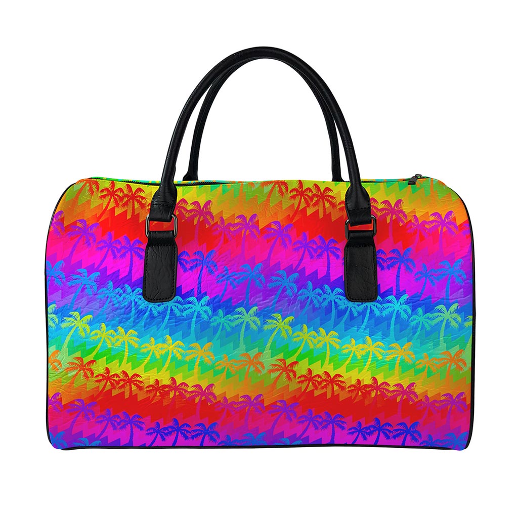 Rainbow Palm Tree Pattern Print Leather Duffle Bag