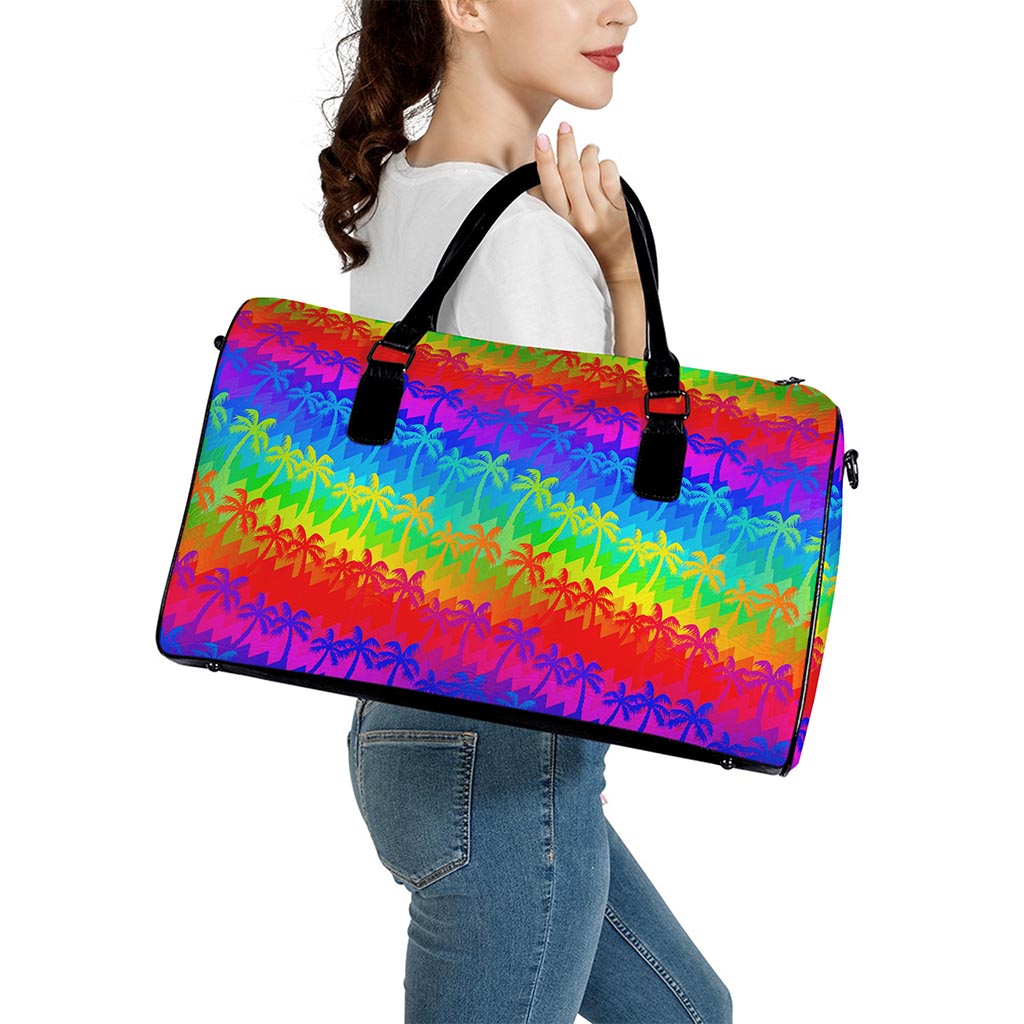 Rainbow Palm Tree Pattern Print Leather Duffle Bag