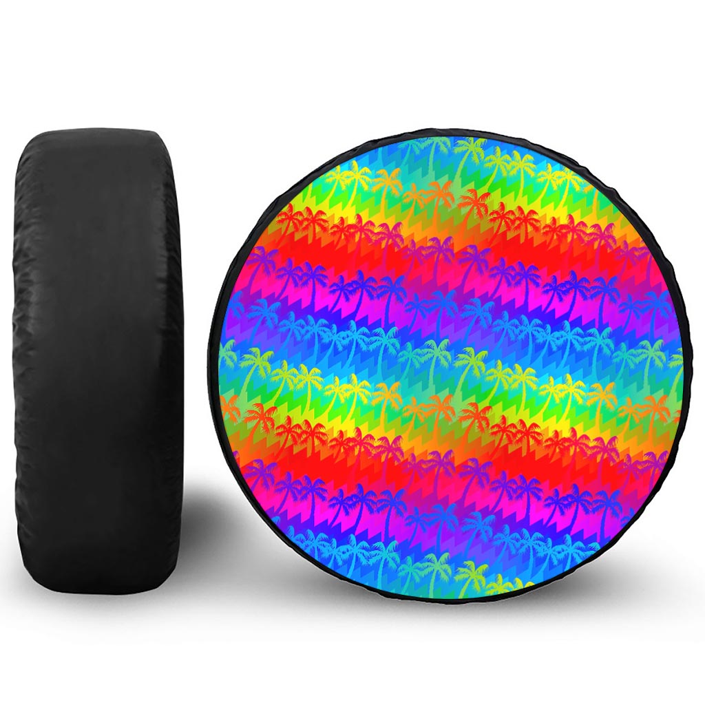 Rainbow Palm Tree Pattern Print Leather Spare Tire Cover