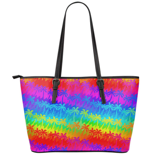 Rainbow Palm Tree Pattern Print Leather Tote Bag