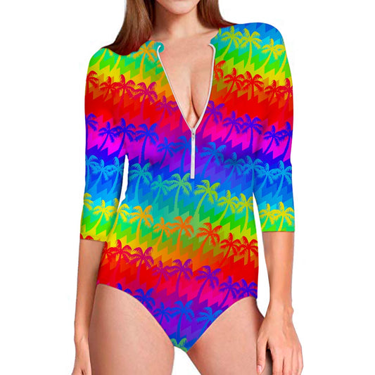 Rainbow Palm Tree Pattern Print Long Sleeve Swimsuit