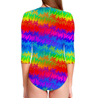 Rainbow Palm Tree Pattern Print Long Sleeve Swimsuit