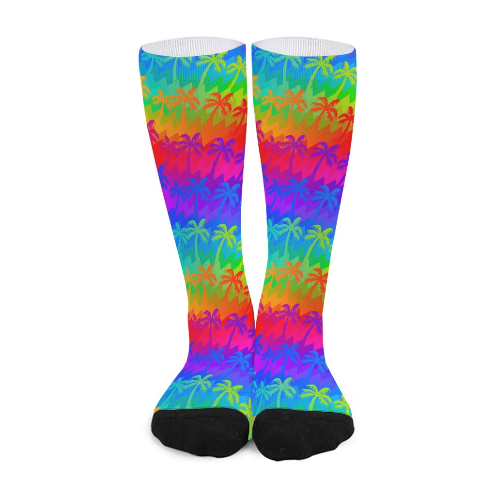 Rainbow Palm Tree Pattern Print Long Socks