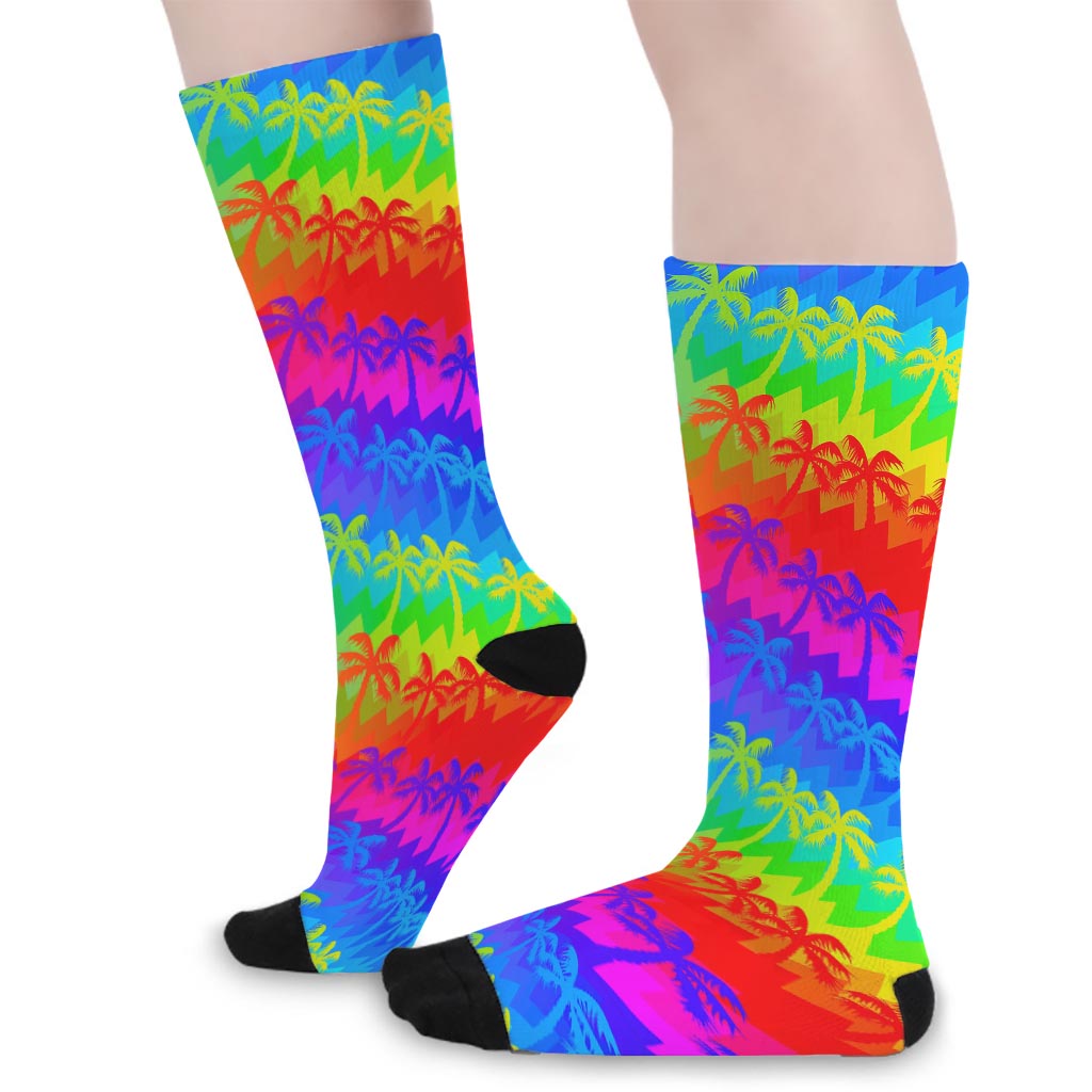 Rainbow Palm Tree Pattern Print Long Socks
