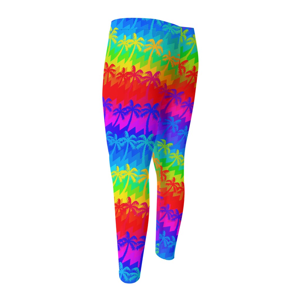 Rainbow Palm Tree Pattern Print Men's Compression Pants