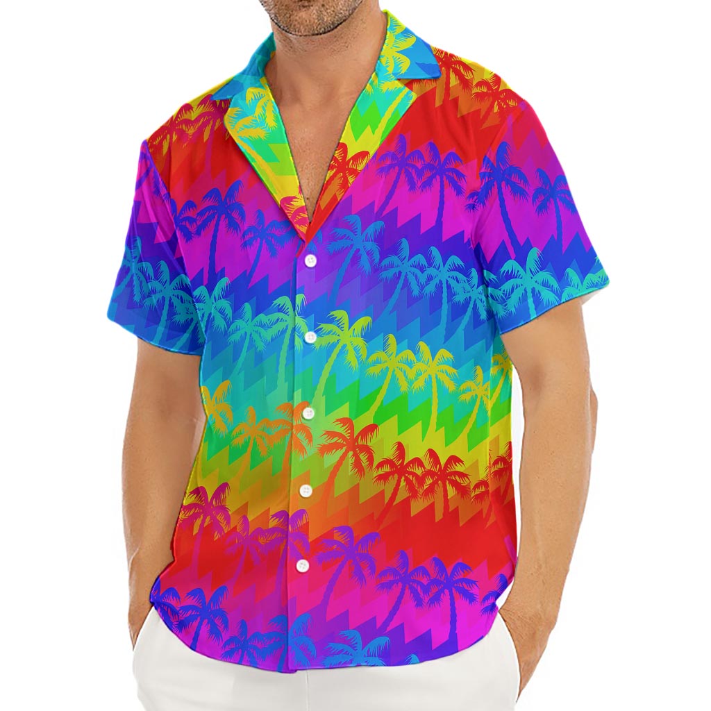 Rainbow Palm Tree Pattern Print Men's Deep V-Neck Shirt