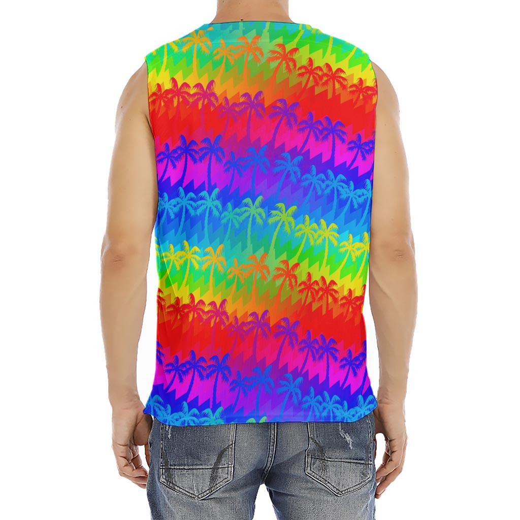 Rainbow Palm Tree Pattern Print Men's Fitness Tank Top