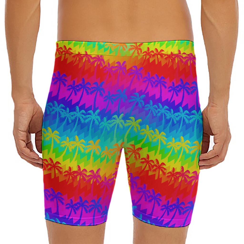Rainbow Palm Tree Pattern Print Men's Long Boxer Briefs