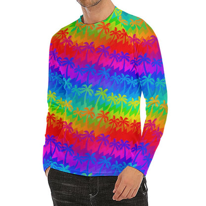 Rainbow Palm Tree Pattern Print Men's Long Sleeve Rash Guard