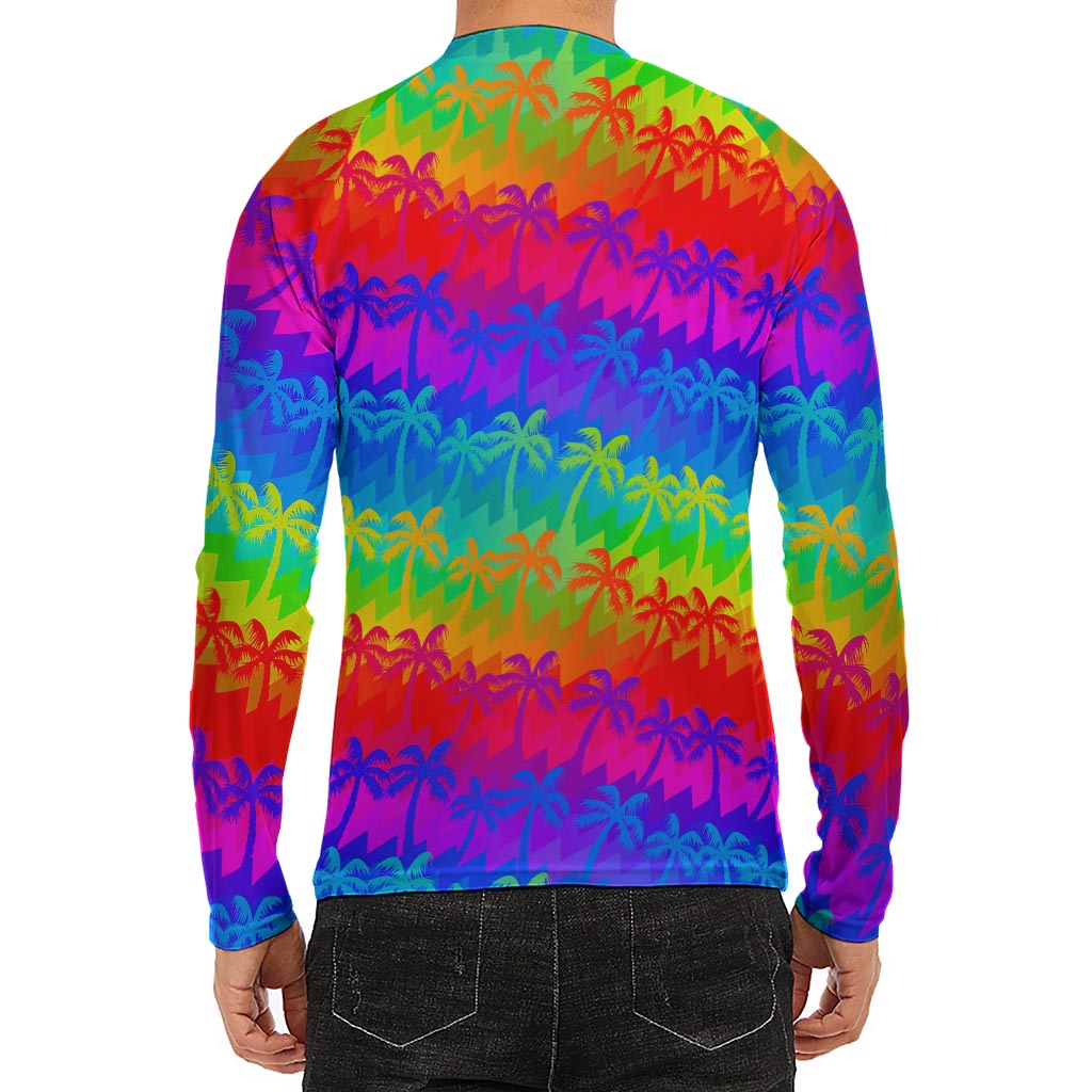 Rainbow Palm Tree Pattern Print Men's Long Sleeve Rash Guard
