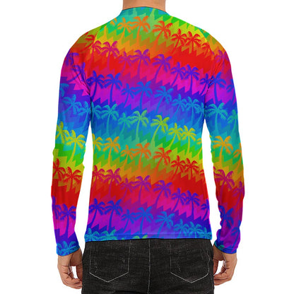 Rainbow Palm Tree Pattern Print Men's Long Sleeve Rash Guard