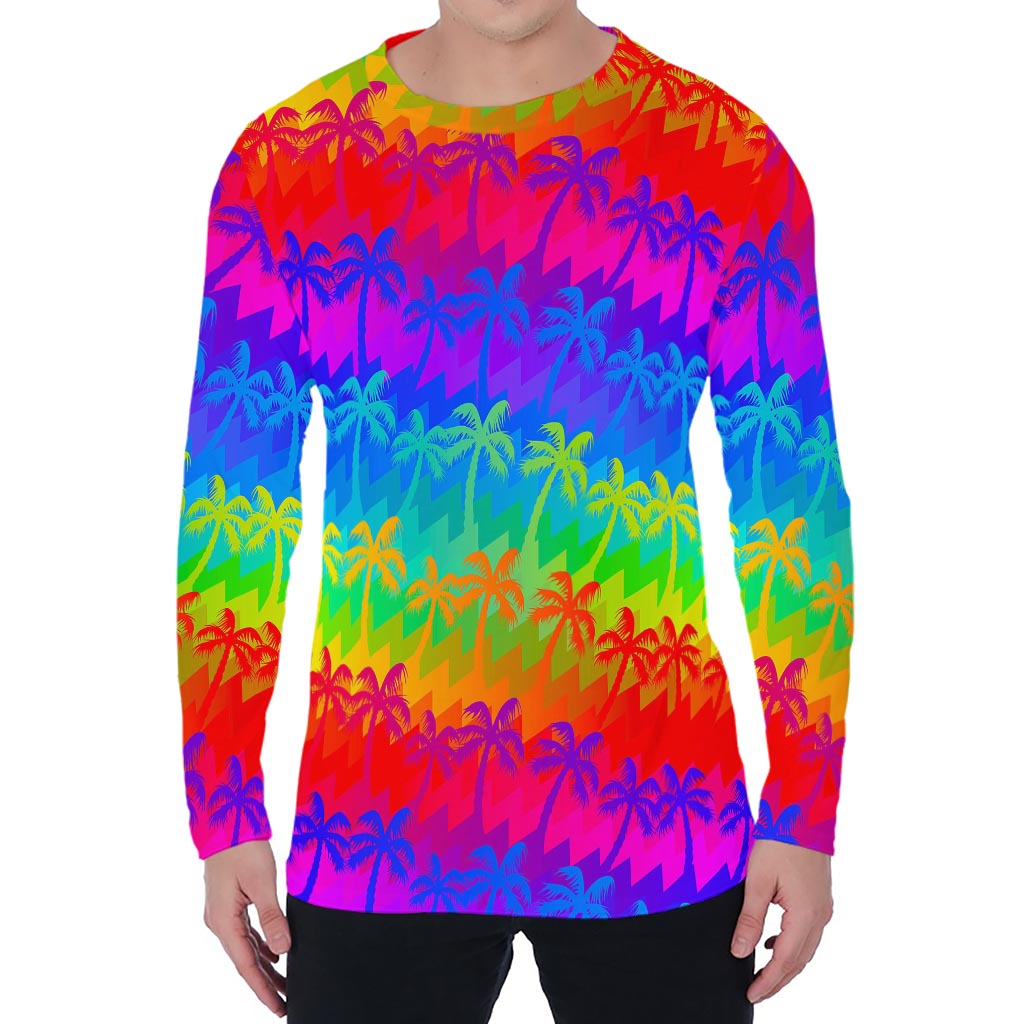 Rainbow Palm Tree Pattern Print Men's Long Sleeve T-Shirt
