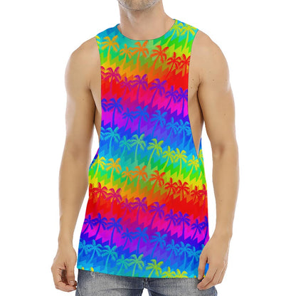 Rainbow Palm Tree Pattern Print Men's Muscle Tank Top
