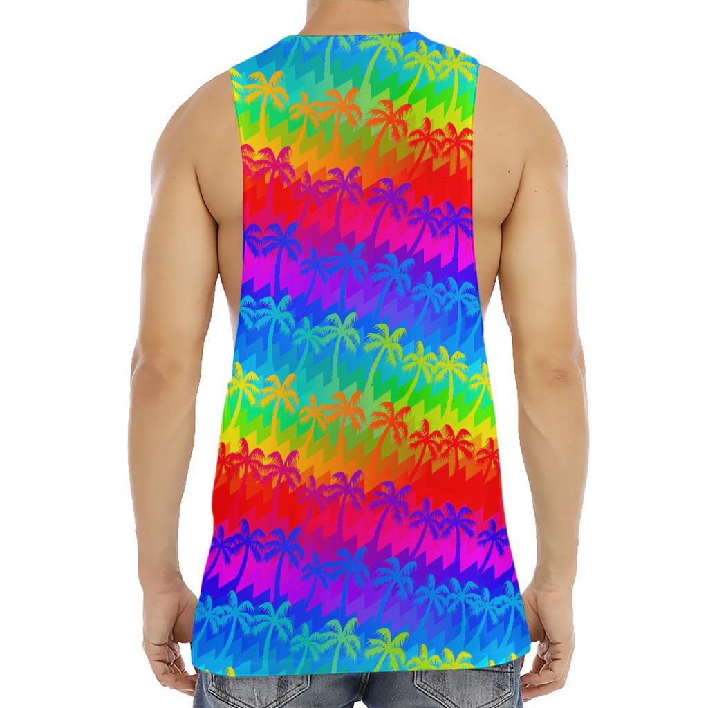 Rainbow Palm Tree Pattern Print Men's Muscle Tank Top