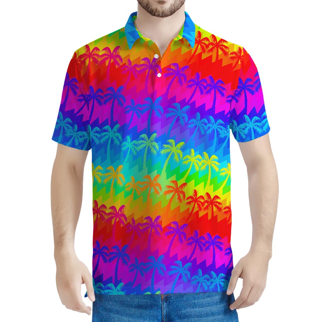 Rainbow Palm Tree Pattern Print Men's Polo Shirt