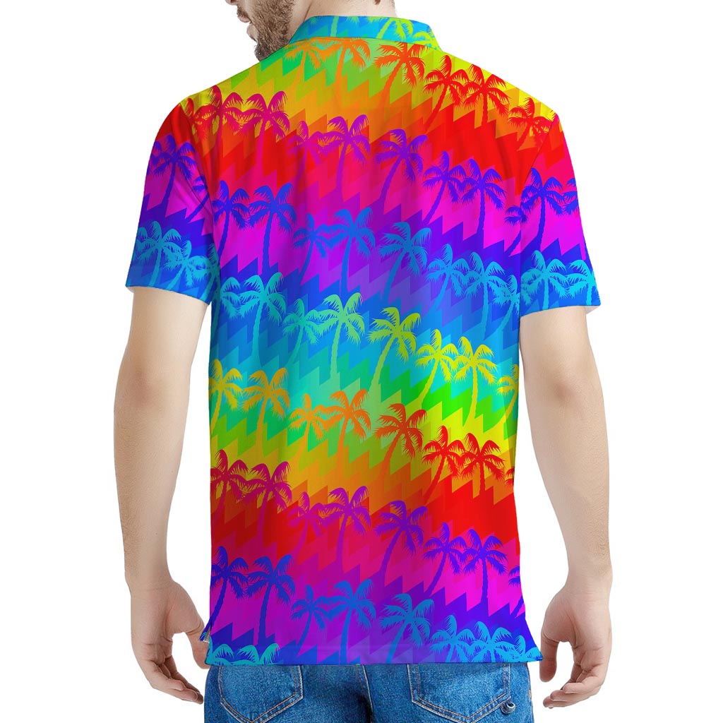 Rainbow Palm Tree Pattern Print Men's Polo Shirt