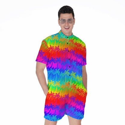 Rainbow Palm Tree Pattern Print Men's Rompers