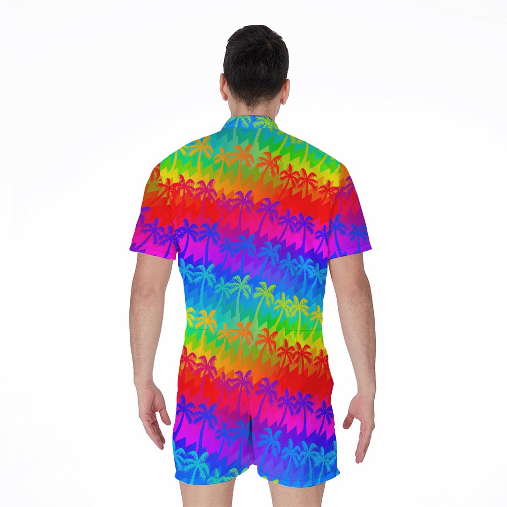 Rainbow Palm Tree Pattern Print Men's Rompers