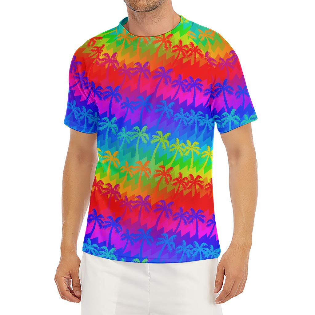 Rainbow Palm Tree Pattern Print Men's Short Sleeve Rash Guard