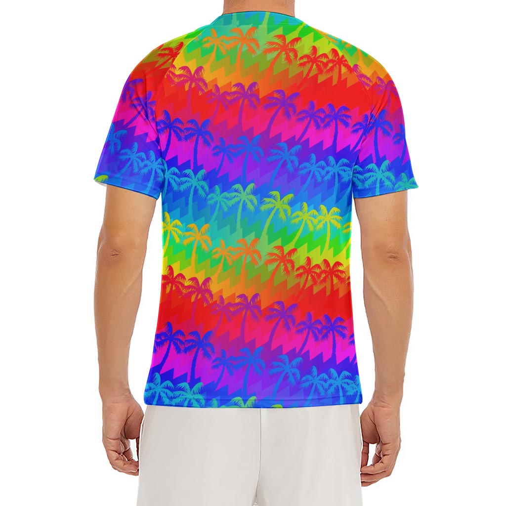 Rainbow Palm Tree Pattern Print Men's Short Sleeve Rash Guard