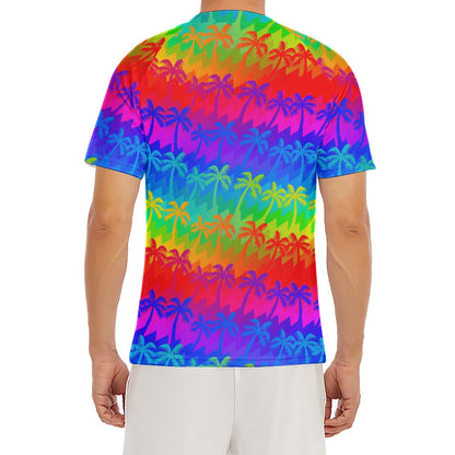 Rainbow Palm Tree Pattern Print Men's Short Sleeve Rash Guard