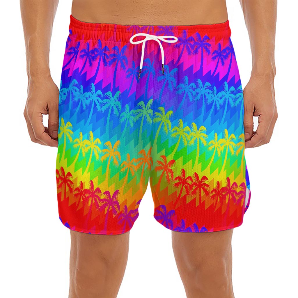 Rainbow Palm Tree Pattern Print Men's Split Running Shorts
