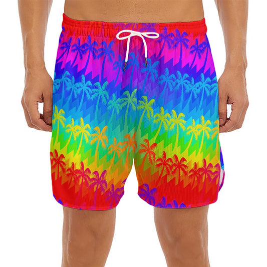 Rainbow Palm Tree Pattern Print Men's Split Running Shorts