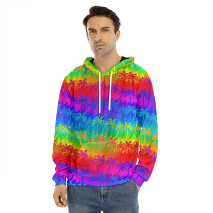 Rainbow Palm Tree Pattern Print Men's Velvet Pullover Hoodie