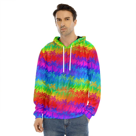Rainbow Palm Tree Pattern Print Men's Velvet Pullover Hoodie