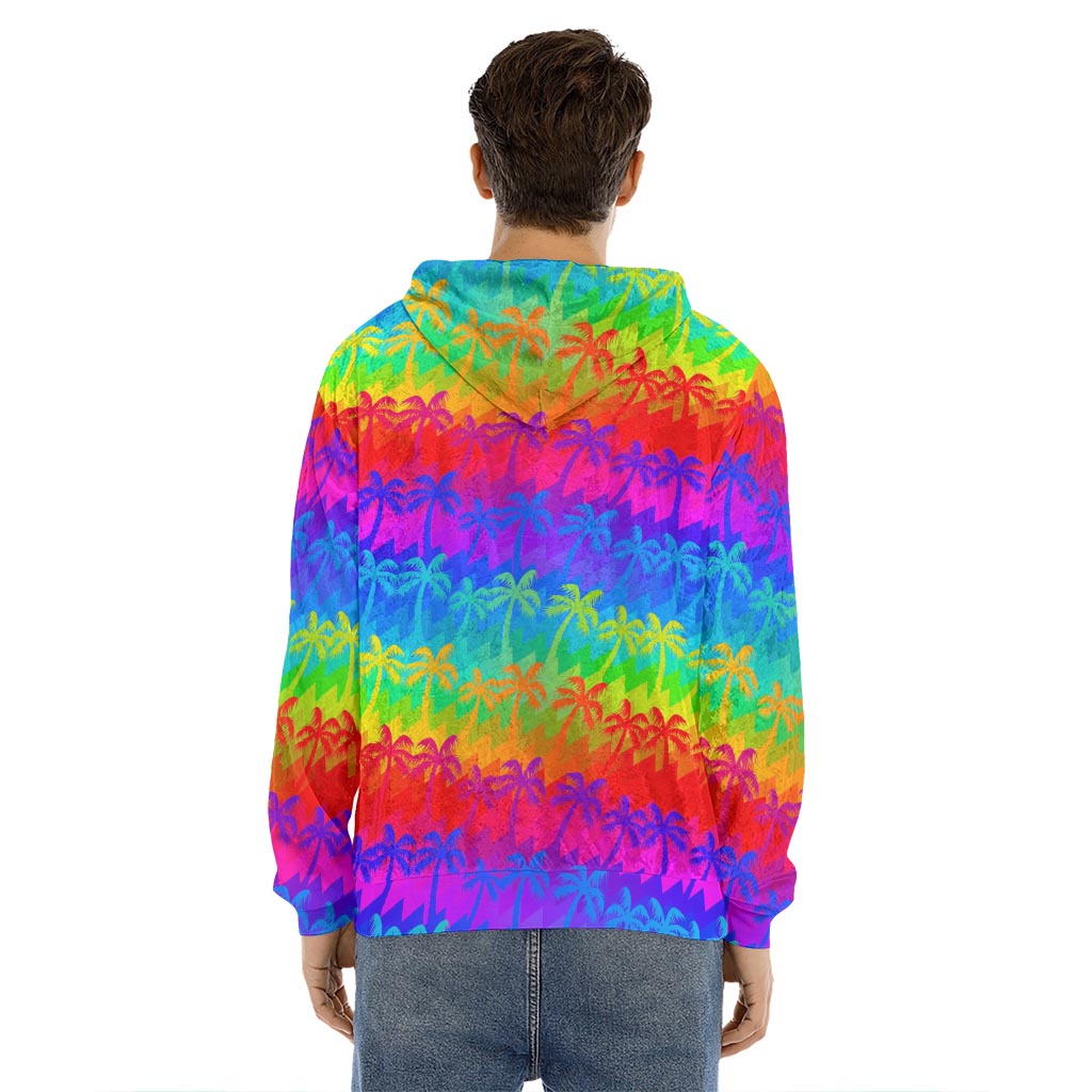 Rainbow Palm Tree Pattern Print Men's Velvet Pullover Hoodie