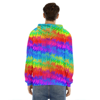 Rainbow Palm Tree Pattern Print Men's Velvet Pullover Hoodie