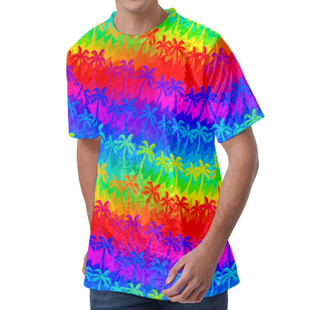 Rainbow Palm Tree Pattern Print Men's Velvet T-Shirt