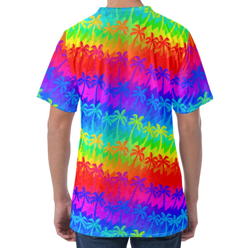 Rainbow Palm Tree Pattern Print Men's Velvet T-Shirt