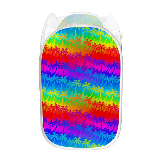 Rainbow Palm Tree Pattern Print Mesh Laundry Hamper