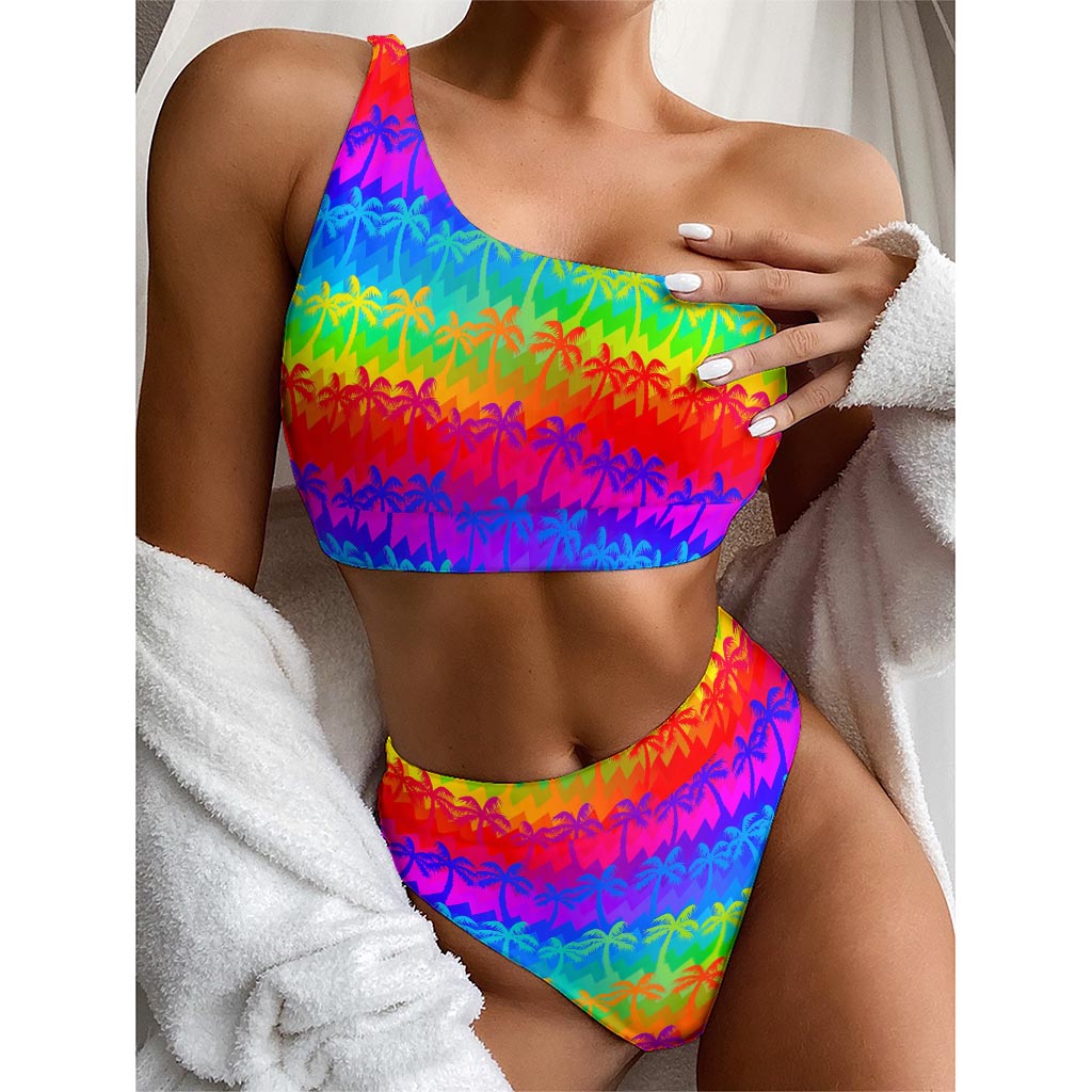 Rainbow Palm Tree Pattern Print One Shoulder Bikini Top