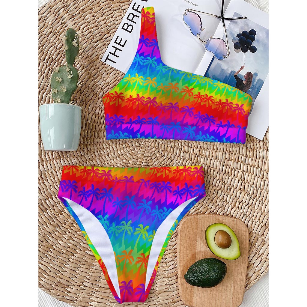 Rainbow Palm Tree Pattern Print One Shoulder Bikini Top