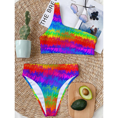 Rainbow Palm Tree Pattern Print One Shoulder Bikini Top