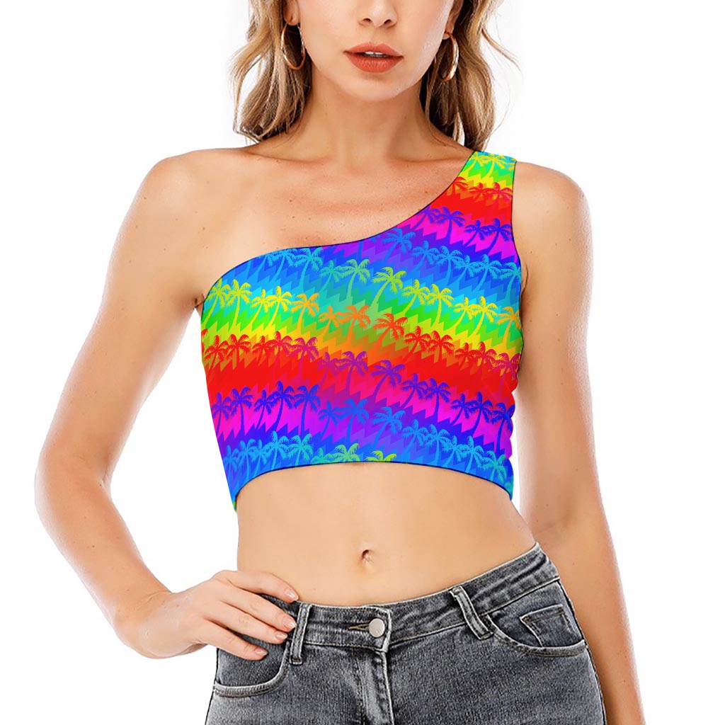 Rainbow Palm Tree Pattern Print One Shoulder Crop Top