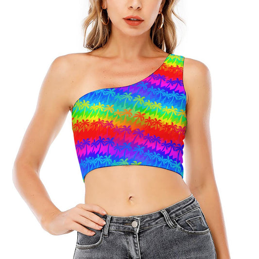 Rainbow Palm Tree Pattern Print One Shoulder Crop Top