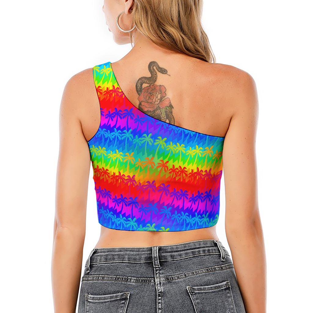 Rainbow Palm Tree Pattern Print One Shoulder Crop Top
