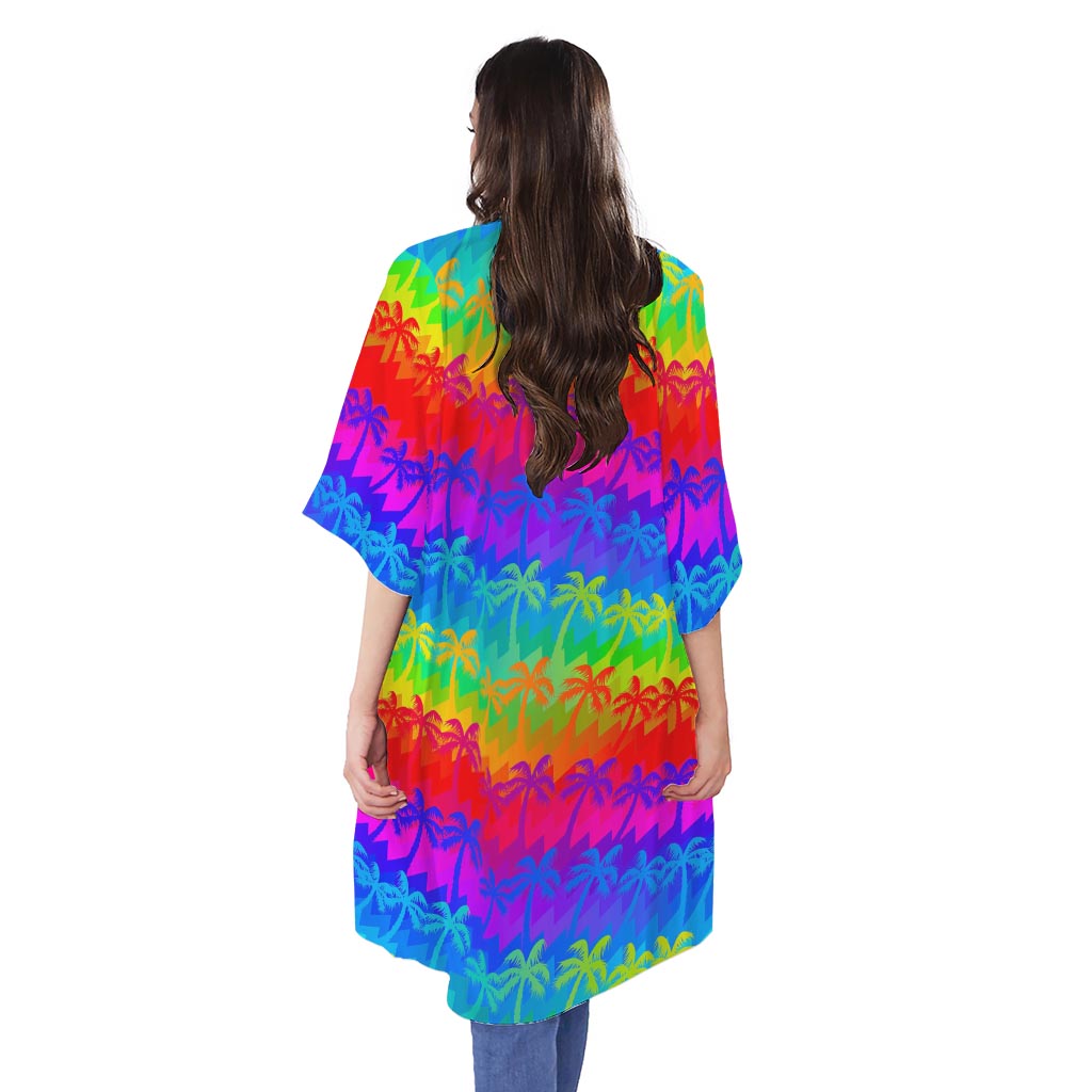 Rainbow Palm Tree Pattern Print Open Front Beach Cover Up