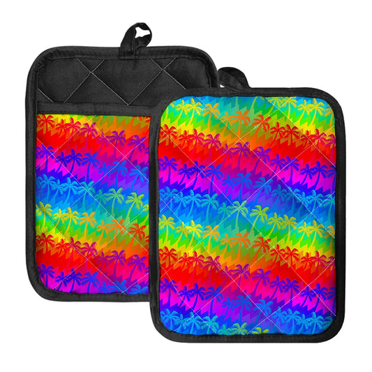 Rainbow Palm Tree Pattern Print Pot Holders With Pocket