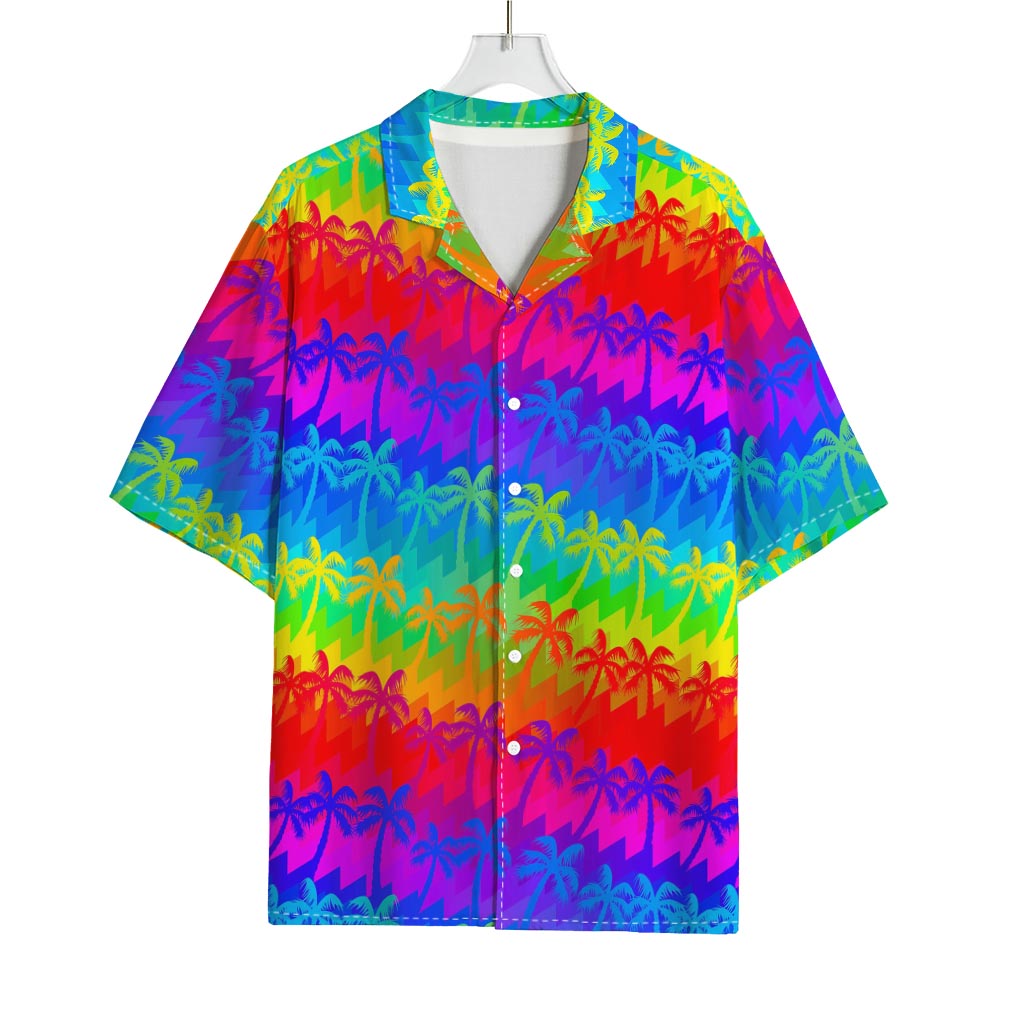 Rainbow Palm Tree Pattern Print Rayon Hawaiian Shirt